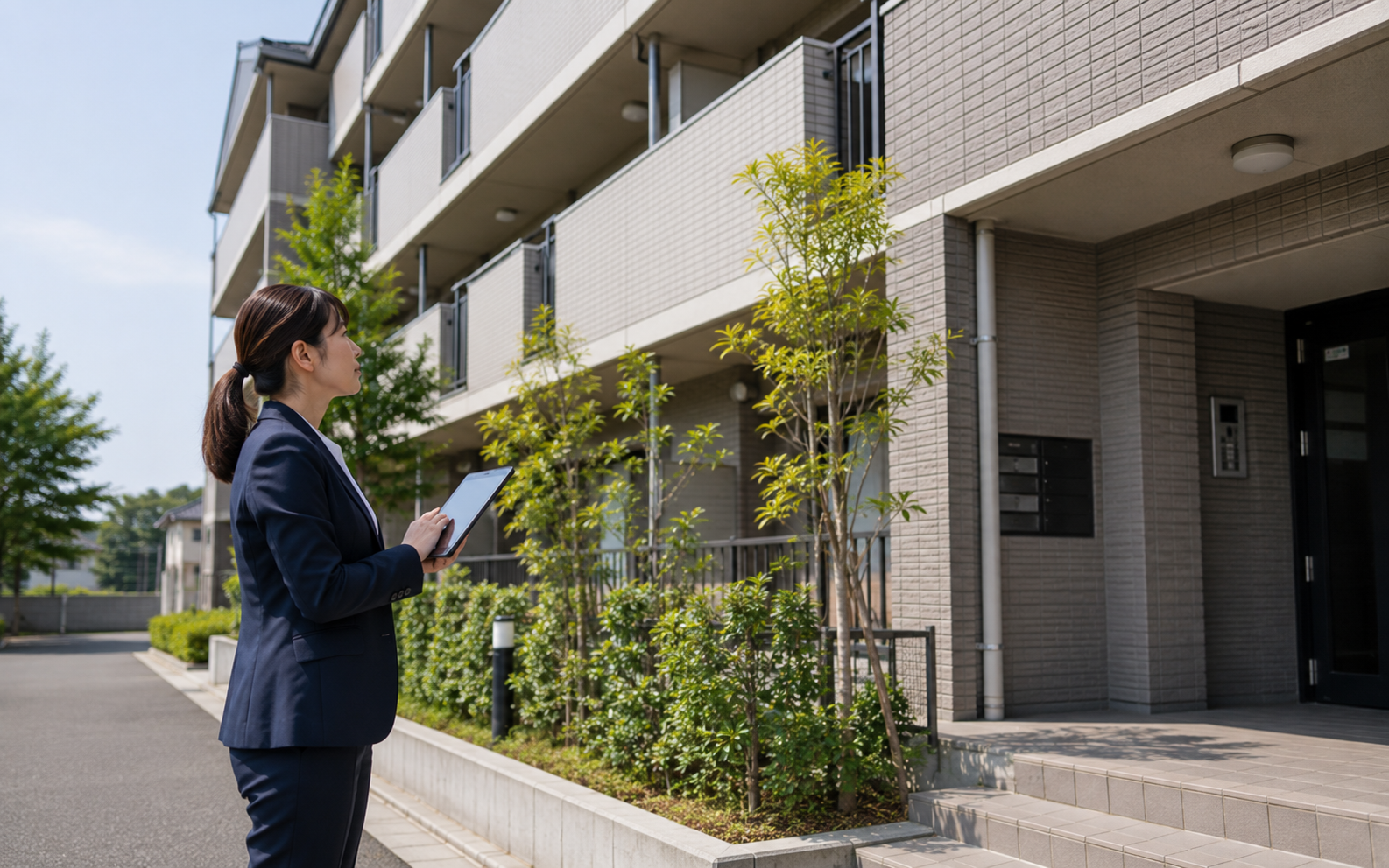 低層マンションの外周を点検する女性スタッフ