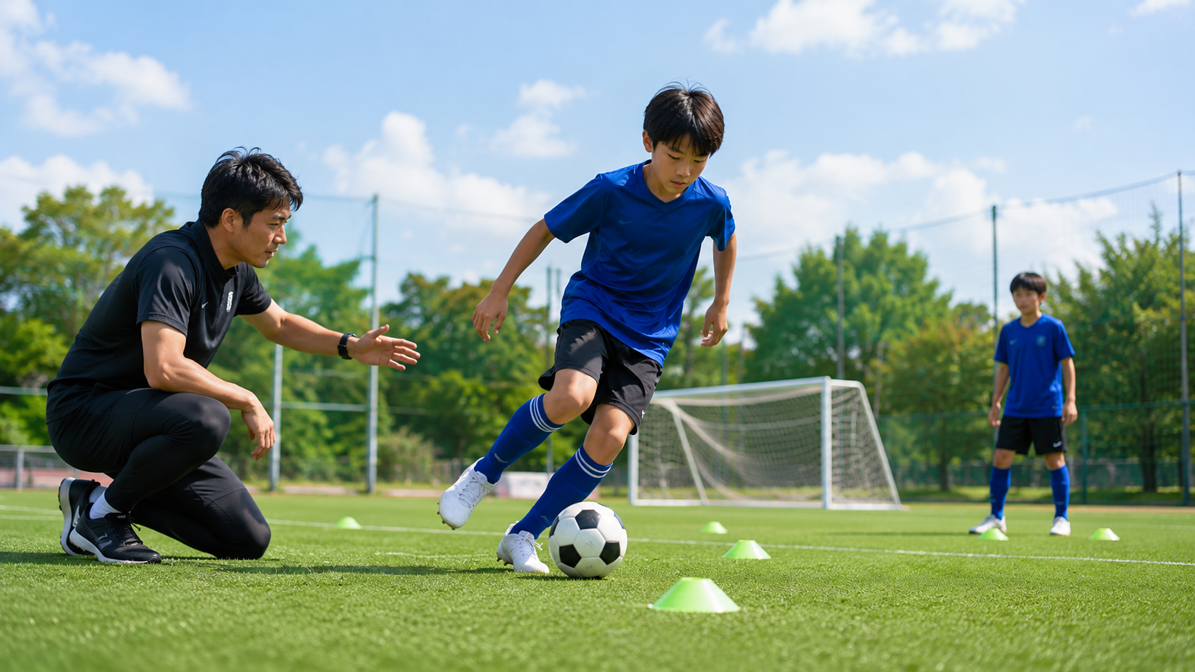 トレーナーが子どもへサッカーを指導する様子